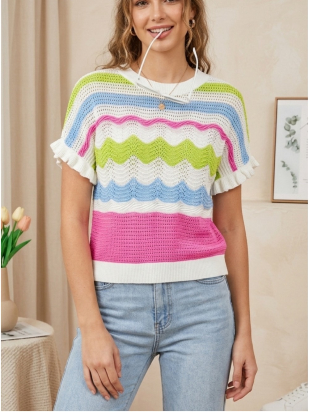 Entro striped Crochet Knit top Flutter Sleeve Women's Size Medium Colorful
